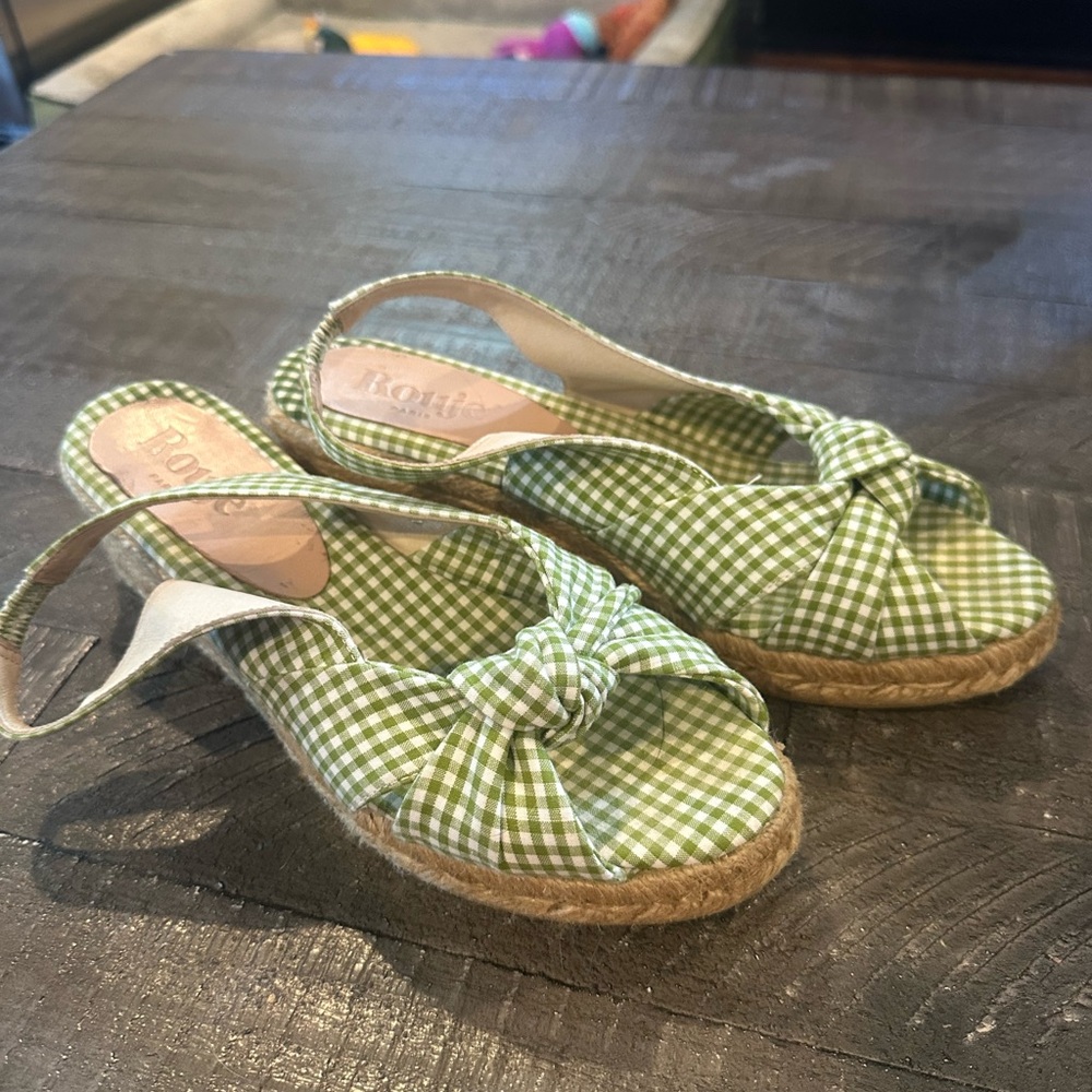Round Green Gingham Kids Espadrille Sandals